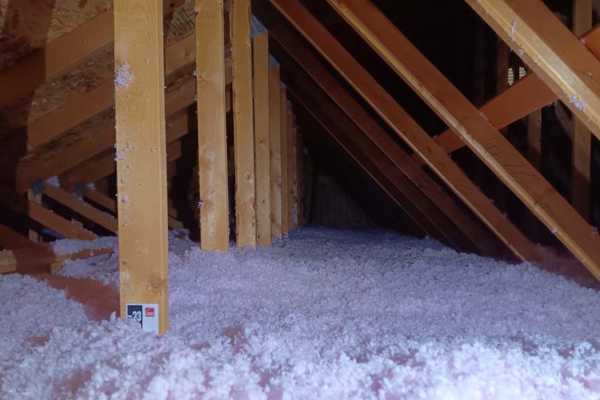 Attic space with wooden rafters and loose-fill insulation material spread across the floor, providing thermal insulation for the home.