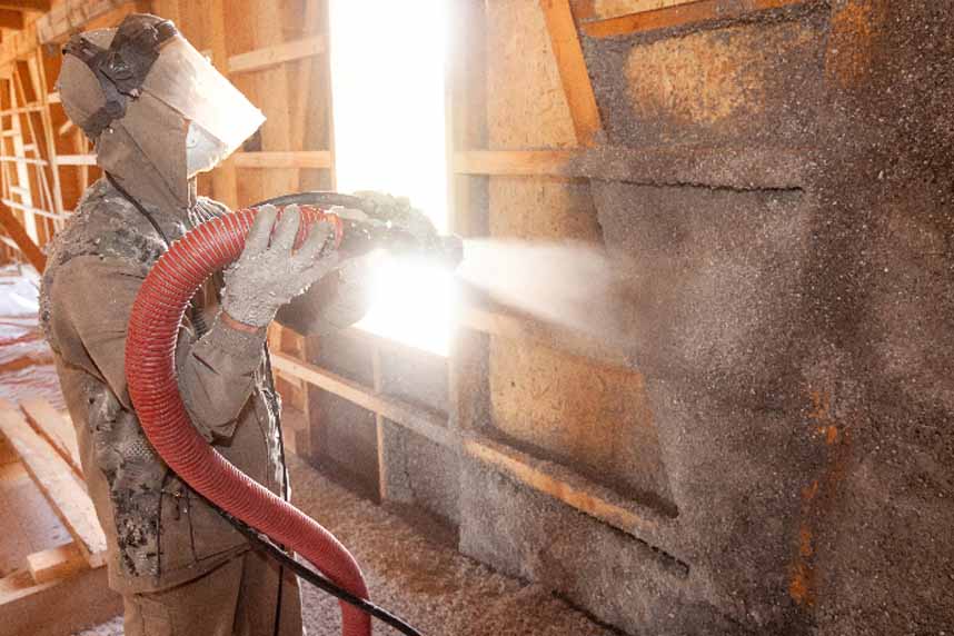 Worker in protective gear spraying fireproofing material onto exposed wall framing inside a building under construction.